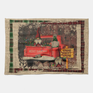 Christmas Gnome Sweet Gnome Red Truck Plaid Rustic Kitchen Towel