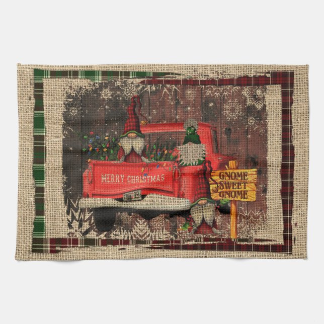 Christmas Gnome Sweet Gnome Red Truck Plaid Rustic Kitchen Towel (Horizontal)
