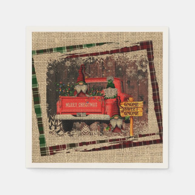 Christmas Gnome Sweet Gnome Red Truck Plaid Rustic Napkins (Front)