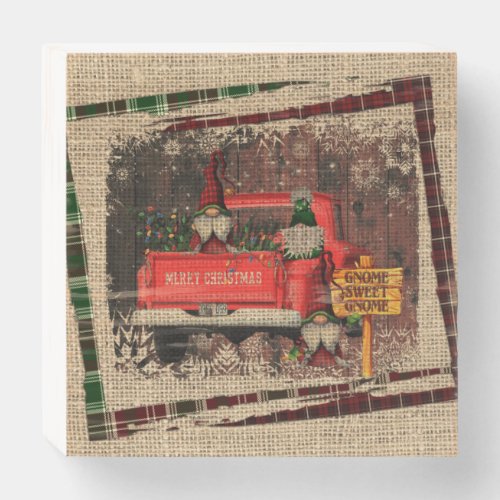 Christmas Gnome Sweet Gnome Red Truck Plaid Rustic Wooden Box Sign
