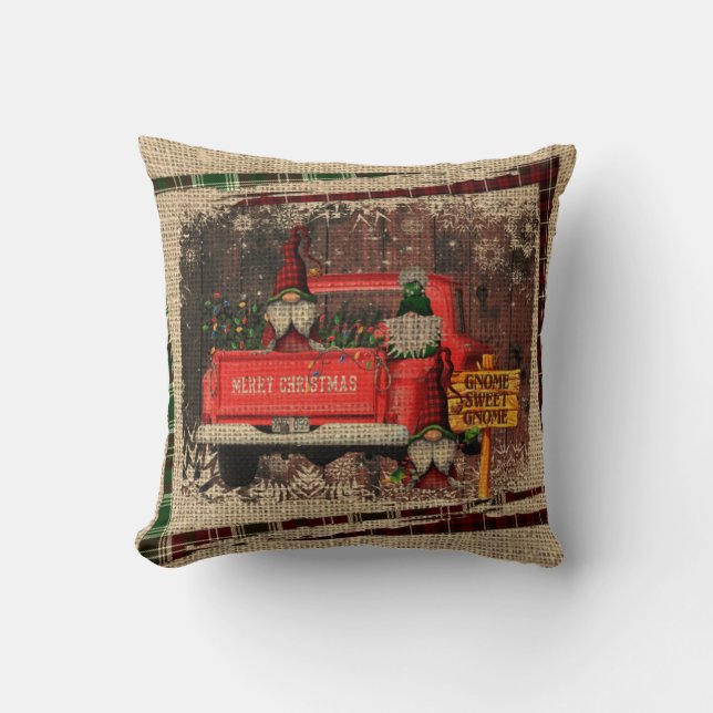 Christmas Gnome Sweet Gnome Red Truck Plaid Throw Pillow (Front)