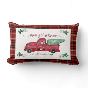 Christmas Gnome Tree Farm Red Truck Plaid Lumbar Pillow