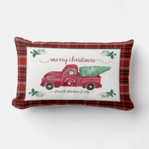 Christmas Gnome Tree Farm Red Truck Plaid Lumbar Pillow
