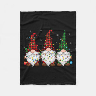Christmas Gnome Trio Buffalo Plaid Lights Cute Xma Fleece Blanket
