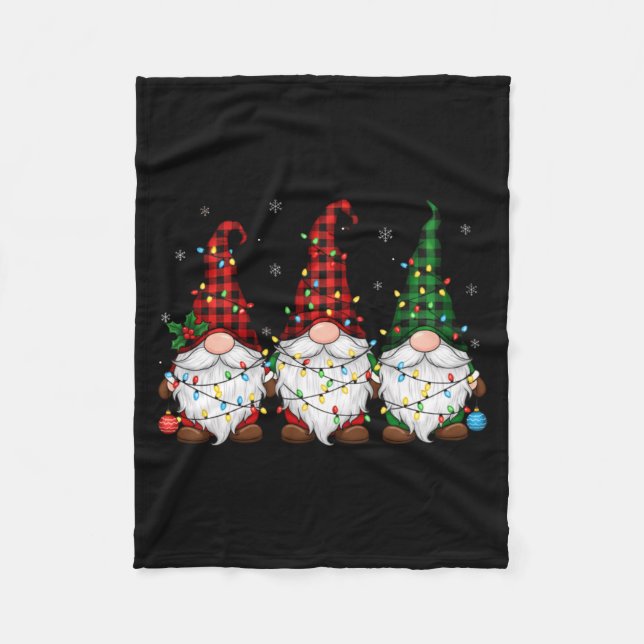 Christmas Gnome Trio Buffalo Plaid Lights Cute Xma Fleece Blanket (Front)