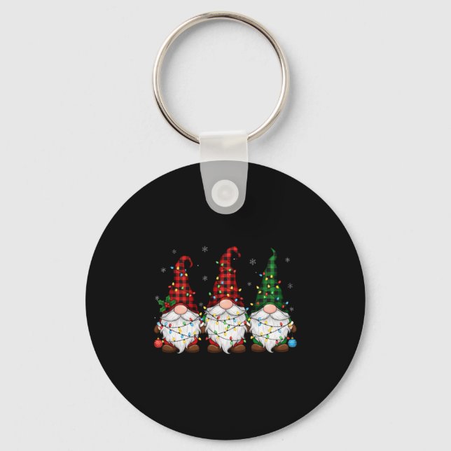 Christmas Gnome Trio Buffalo Plaid Lights Cute Xma Keychain (Front)