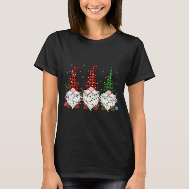 Christmas Gnome Trio Buffalo Plaid Lights Cute Xma T-Shirt (Front)