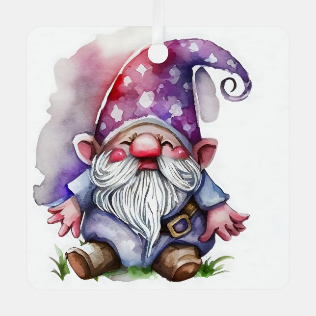 Christmas Gnome Watercolor Cute Adorable Metal Ornament (Front)
