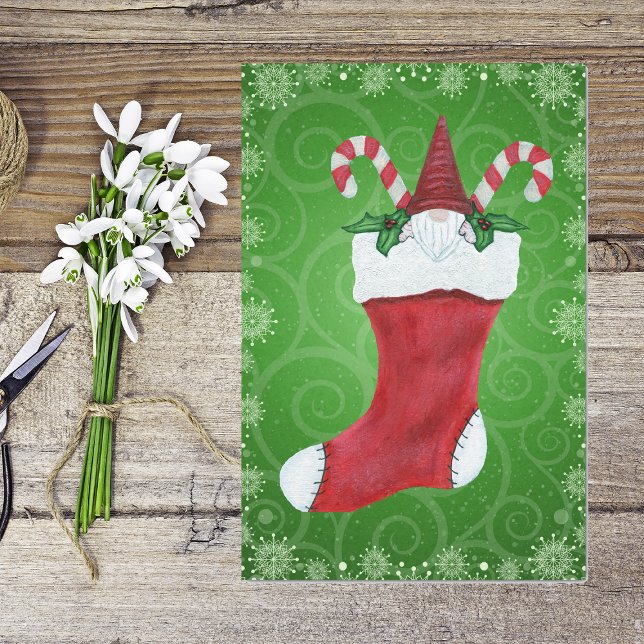 Christmas Gnome White Beard Hat in Stocking Green  Tissue Paper (Gnome red hat inside stocking candy canes on green swirls snowflakes Christmas tissue paper.)
