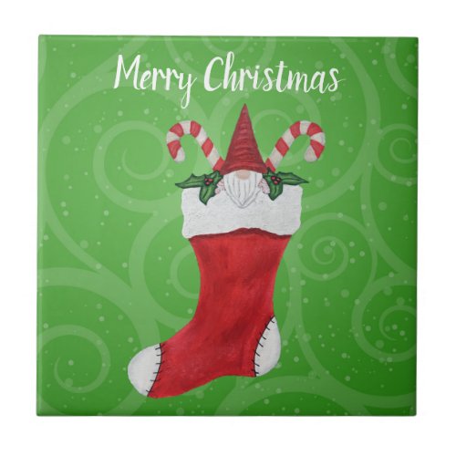 Christmas Gnome With Beard in Stocking Candy Canes Ceramic Tile