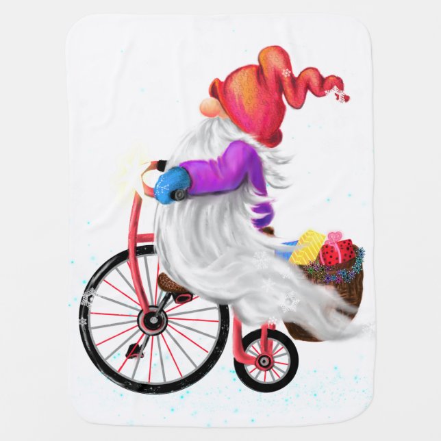 Christmas Gnome with Bike and Gift Baby Blanket (Front)