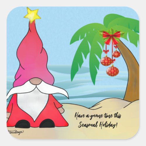 Christmas Gnome with Decorated Palm tree Square Sticker