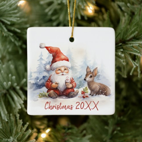 Christmas Gnome With Fawn Ceramic Ornament
