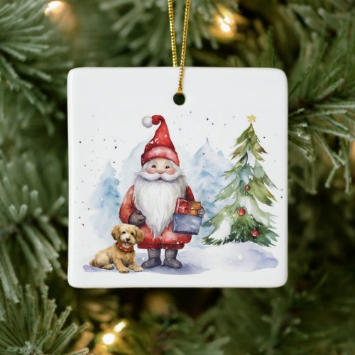 Christmas Gnome With Gift Ceramic Ornament