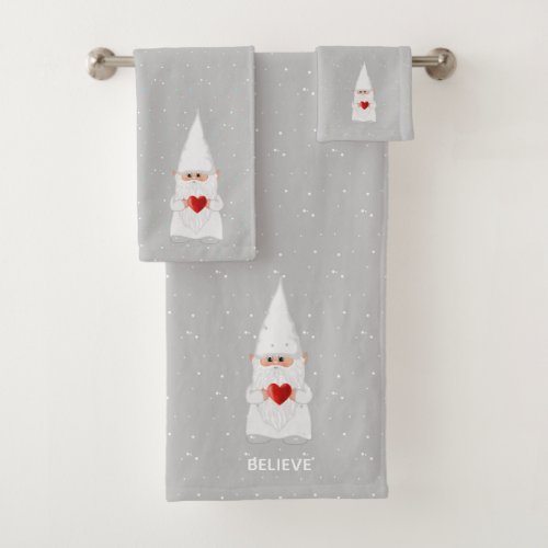 Christmas Gnome with Heart on Light Gray Bath Towel Set