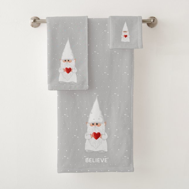 Christmas Gnome with Heart on Light Gray Bath Towel Set (Insitu)