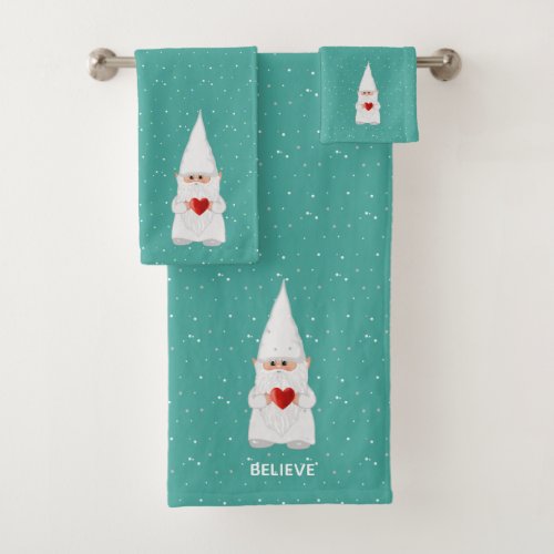 Christmas Gnome with Heart on Teal Bath Towel Set