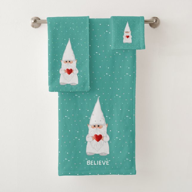 Christmas Gnome with Heart on Teal Bath Towel Set (Insitu)