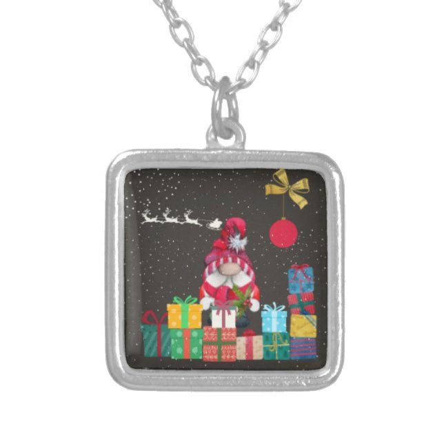 Christmas Gnome with Presents and Gifts Silver Plated Necklace (Front)