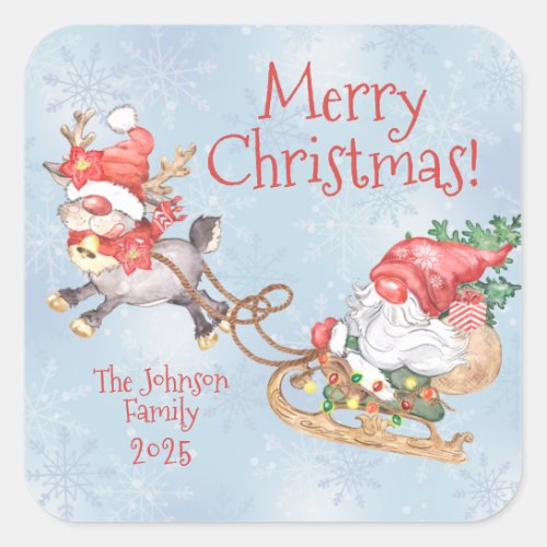 Christmas Gnome with Reindeer Cute Personalized  Square Sticker