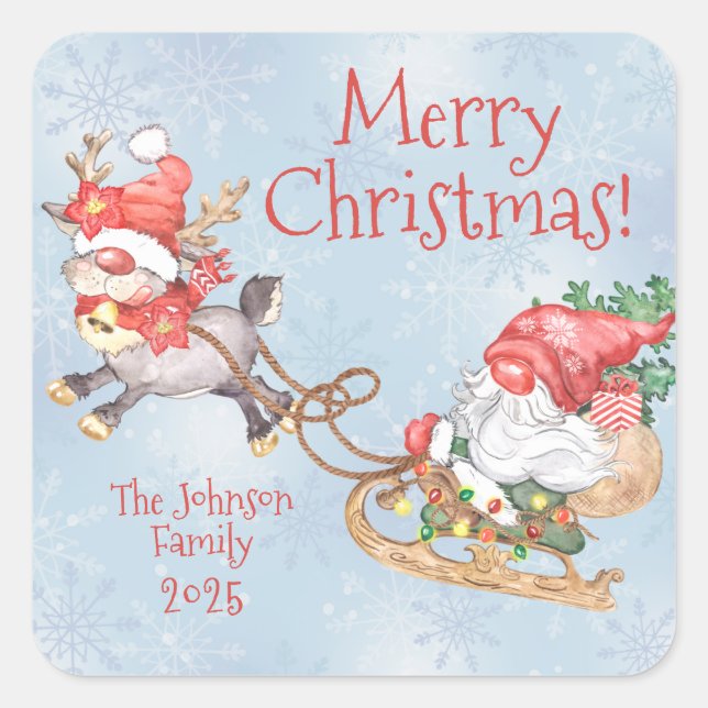 Christmas Gnome with Reindeer Cute Personalized  Square Sticker (Front)