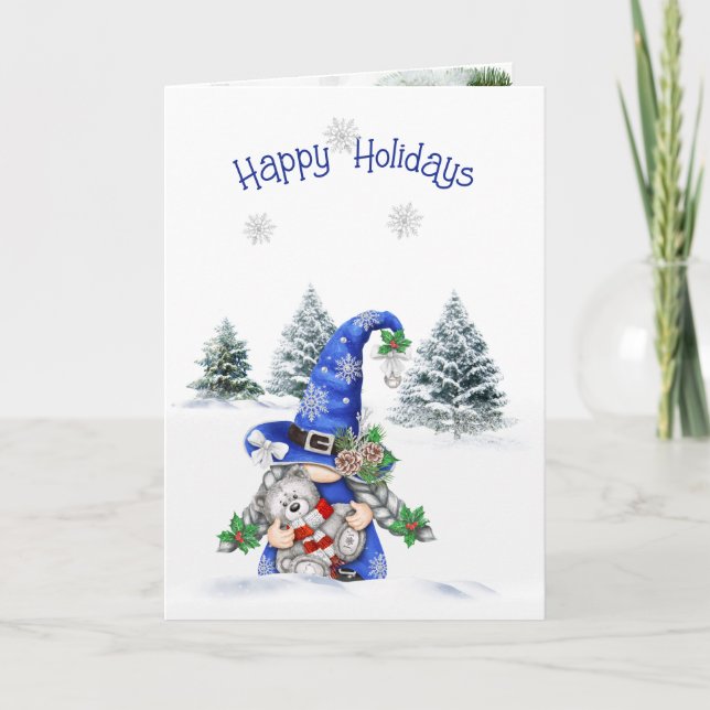 Christmas Gnome with Teddy Bear  Holiday Card (Front)