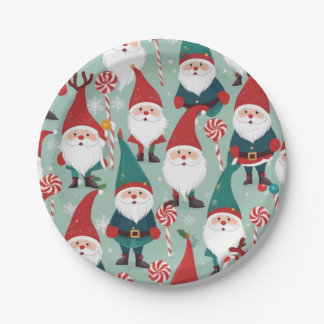 Christmas Gnomes and Candies Holiday Pattern Paper Plates
