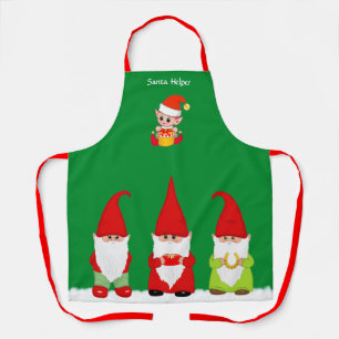 Christmas Gnomes and Cute Elf on Green Apron
