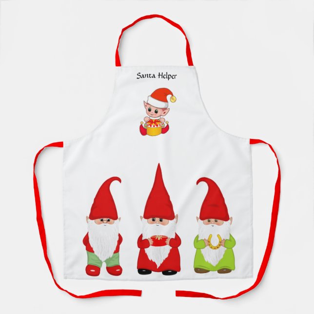 Christmas Gnomes and Cute Elf on White Apron (Front)