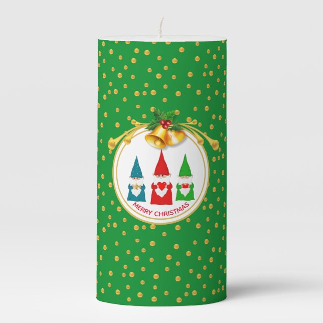 Christmas Gnomes and Golden Confetti on Green Pillar Candle (Front)