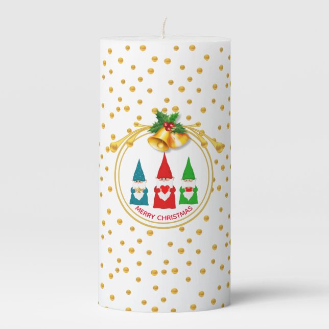 Christmas Gnomes and Golden Confetti Pillar Candle (Front)