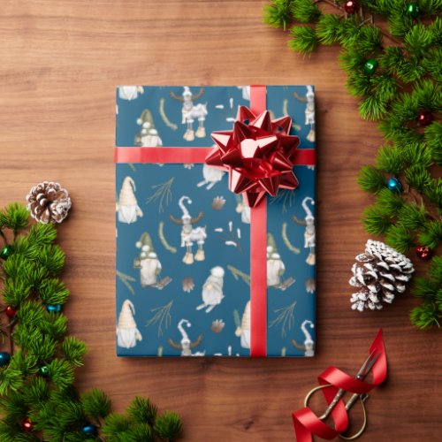 Christmas Gnomes and Moose on Blue  Wrapping Paper