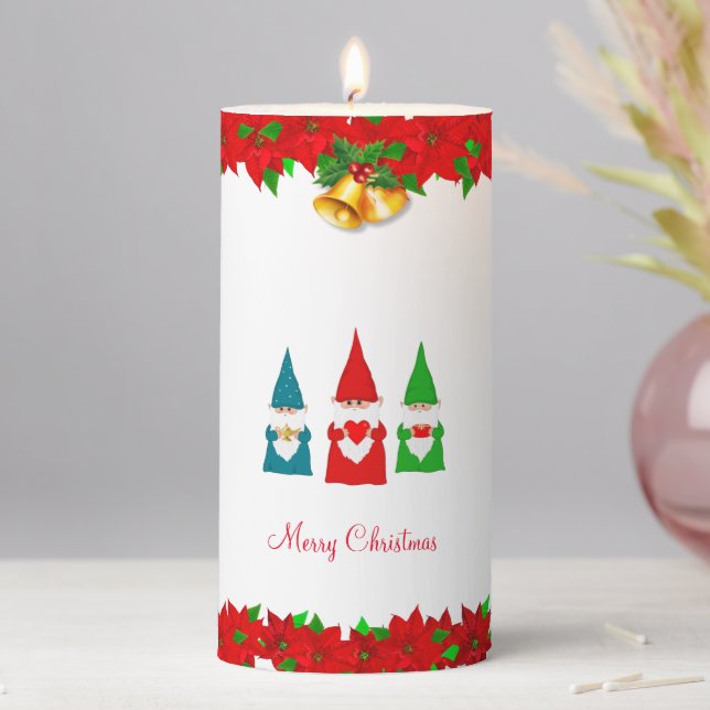 Christmas Gnomes and Poinsettia Flowers Pillar Candle (In Situ)