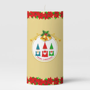 Christmas Gnomes and Poinsettia Flowers Pillar Candle