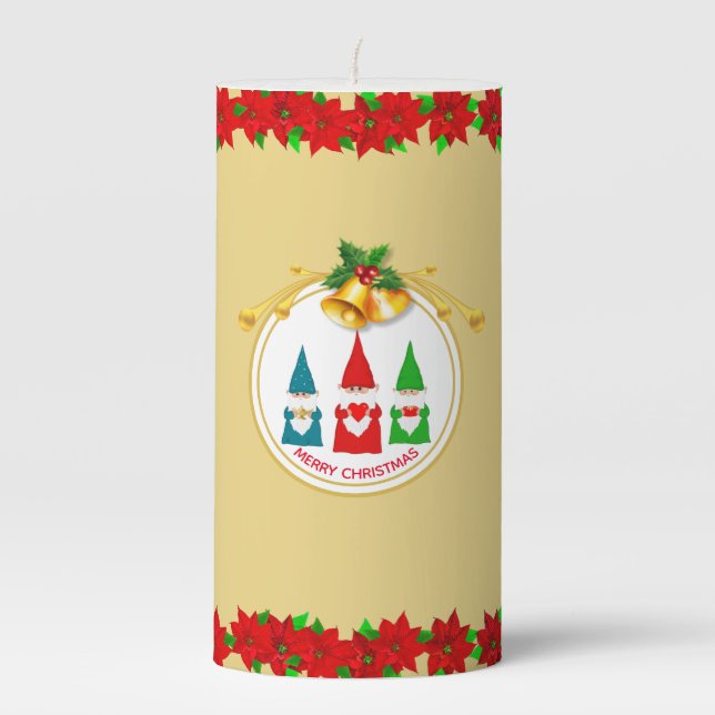 Christmas Gnomes and Poinsettia Flowers Pillar Candle (Front)