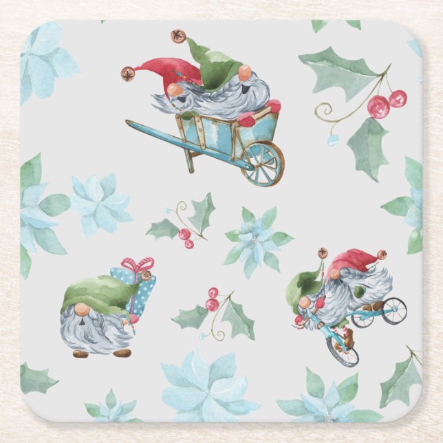 Christmas Gnomes At Play Square Paper Coaster (Front)