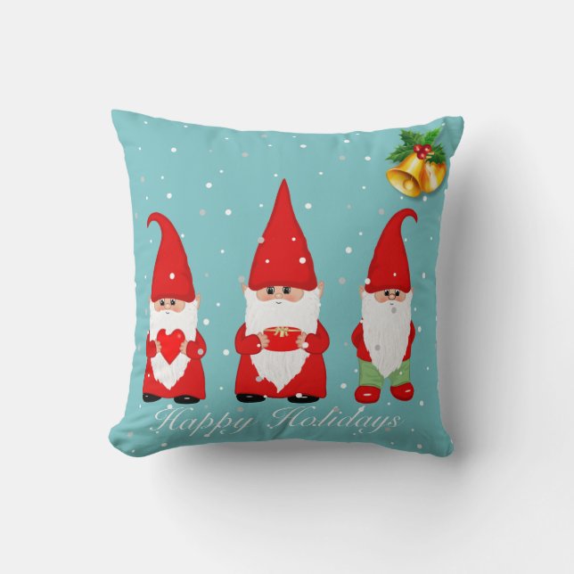 Christmas Gnomes & Bells on Light Blue Throw Pillow (Front)