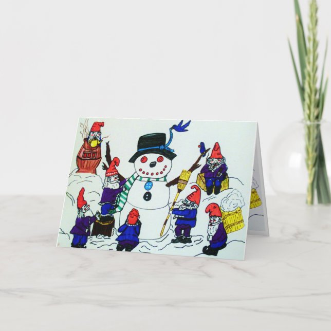 CHRISTMAS,GNOMES BUILD A SNOWMAN  card (Front)