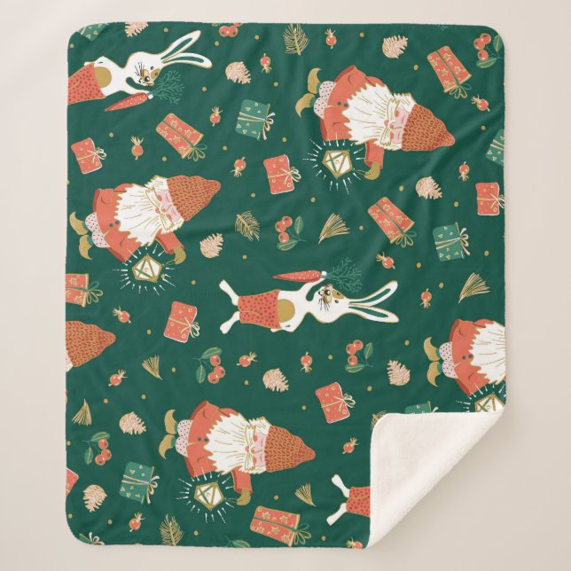 Christmas Gnomes, Bunny Holiday Pattern. Sherpa Blanket (Front)