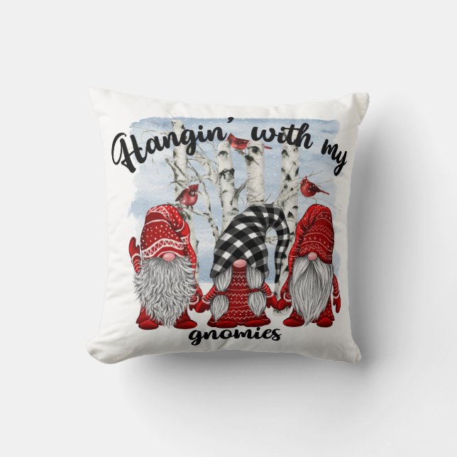 Christmas Gnomes Cardinal Birds Birch Watercolor Throw Pillow (Front)