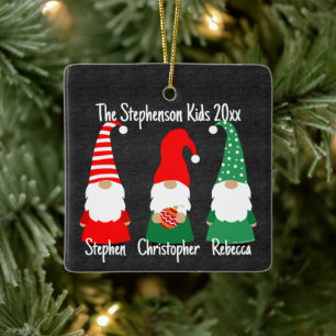Christmas Gnomes Cute Family 3 Kids Holiday Ceramic Ornament