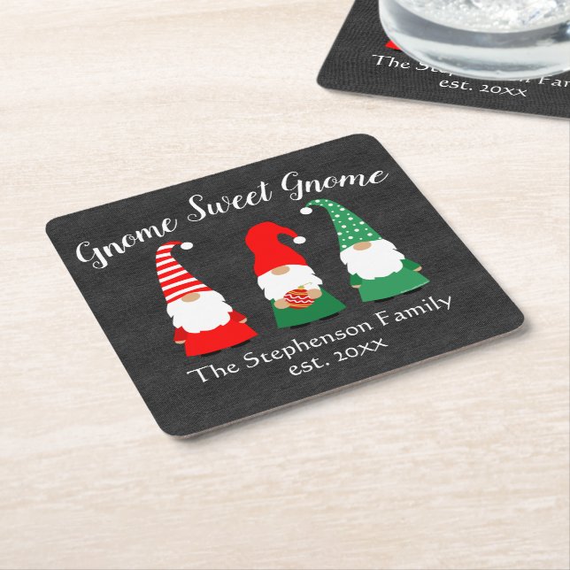 Christmas Gnomes Cute Holiday Custom Personalized Square Paper Coaster (Angled)