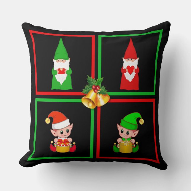 Christmas  gnomes & elves on black, green & red throw pillow (Front)