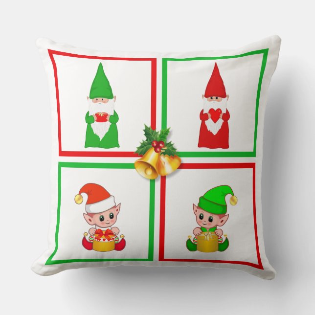 Christmas  gnomes & elves on white, green & red throw pillow (Front)