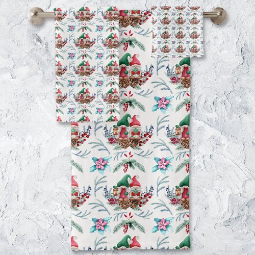 Christmas Gnomes Floral Pattern Bath Towel Set