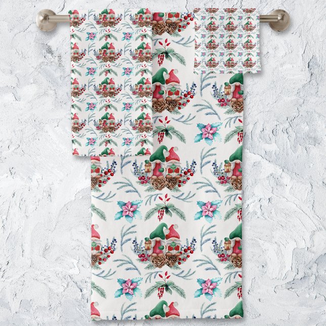 Christmas Gnomes Floral Pattern Bath Towel Set (Creator Uploaded)