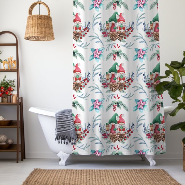 Christmas Gnomes Floral Pattern Shower Curtain (Creator Uploaded)