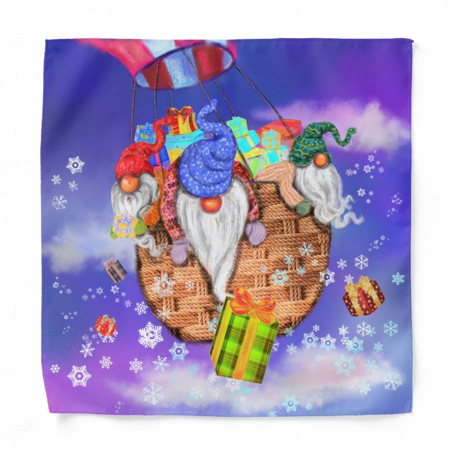 Christmas Gnomes Flying A Balloon and Gives Gifts  Bandana (Front)