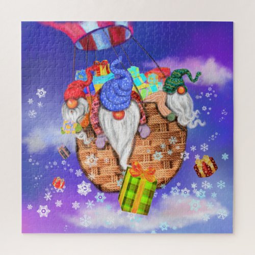 Christmas Gnomes Flying A Balloon and Gives Gifts  Jigsaw Puzzle