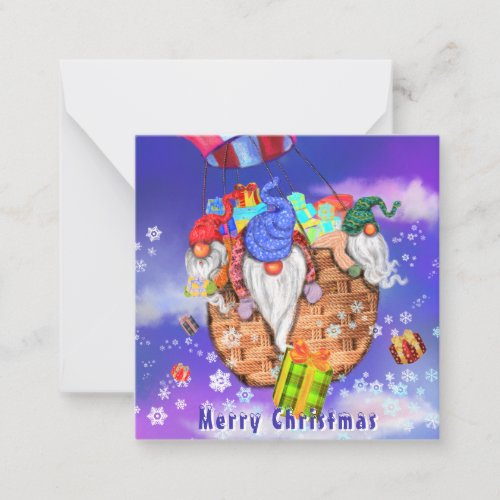 Christmas Gnomes Flying A Balloon and Gives Gifts  Note Card